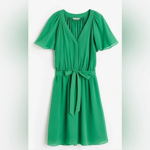 H&M | Dresses | Hm Vneck Chiffon Dress Butterfly Sleeve Green Sz Xs |  Poshmark